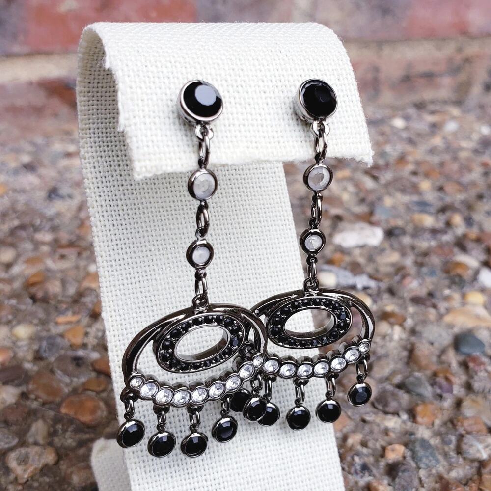 Victorian Style Earrings Black Rhinestone Crystal‎ Chandelier Gunmetal Stud 2.5"